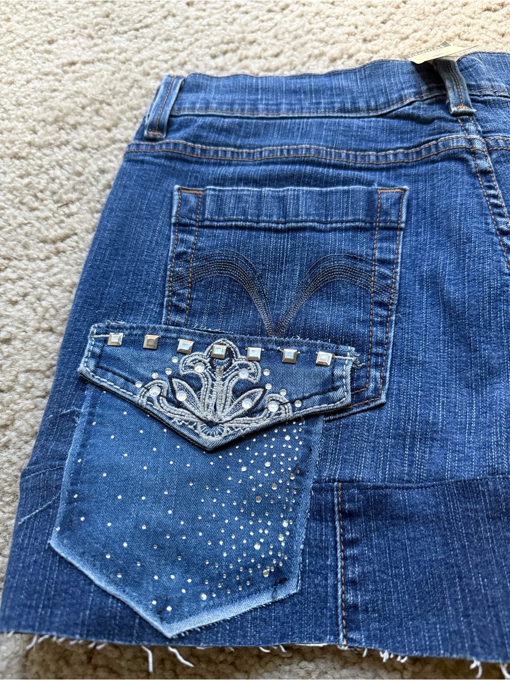 Upcycled Levi’s Denim Mini Skirt Rhinestone Cross Boho One of a Kind Y2K Size 12 - Picture 14 of 14